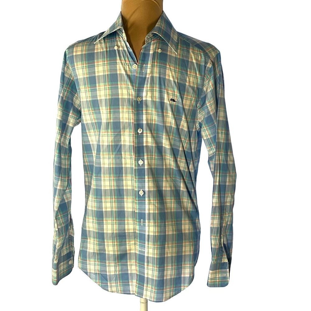 Vineyard Vines Men's Blue Pink Green Plaid  Slim Fit Whale Shirt Size XS